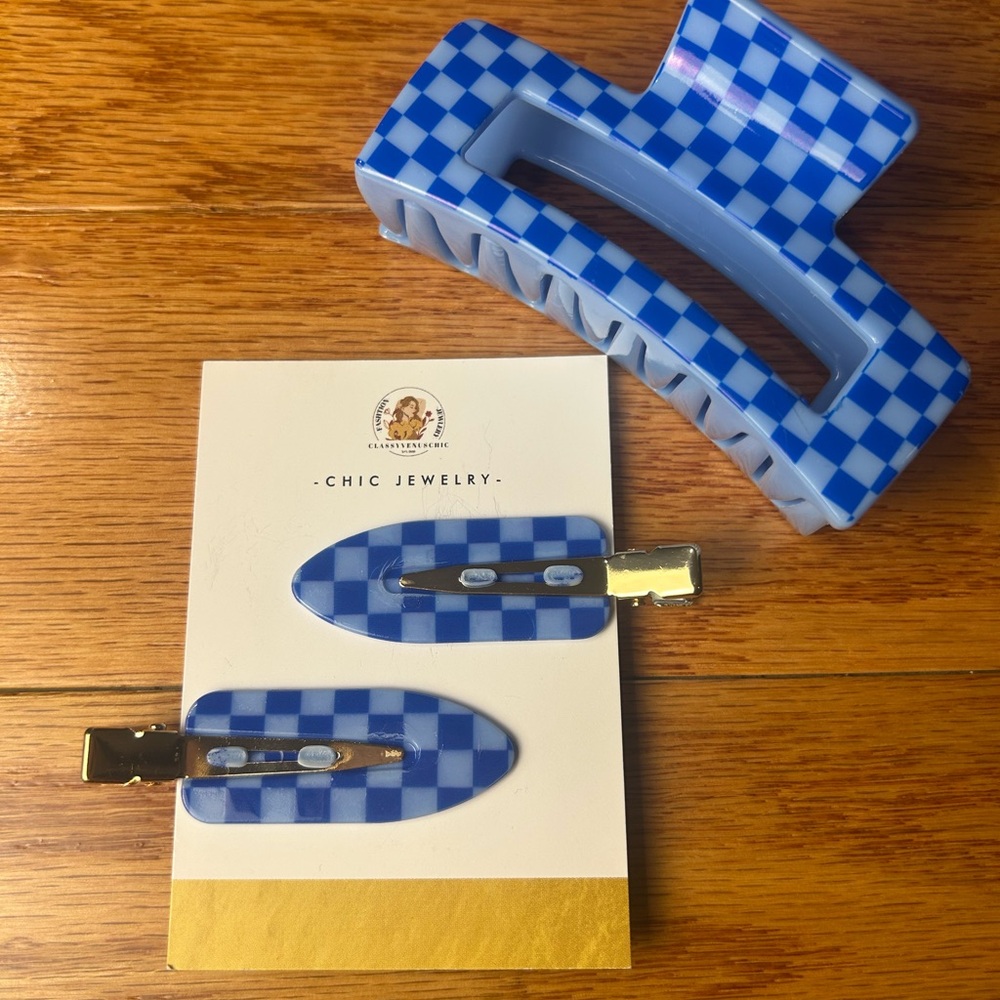 Blue Checkered Hair Clip Set